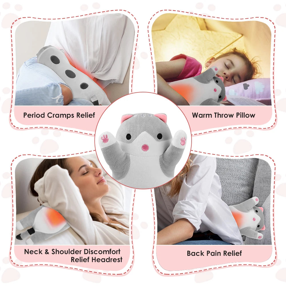 USB Powered Electric Heating Pad Period Heated Plush Cute Cat Throwing Pillow Lovely Cat Heating Pad for Period Cramps Menstrual